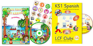 CD, Lyrics booklet, Stickers, KS2 Spanish teachers book, some foreign language teaching materials from our shop